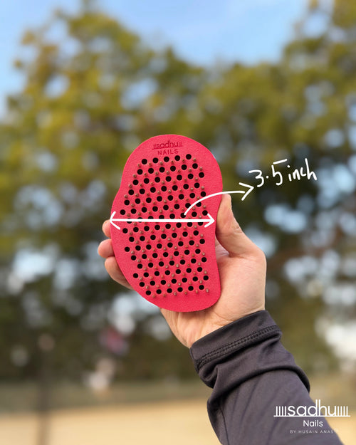 Pocket size Sadhu board with metal nails – nail pitch measurement close-up